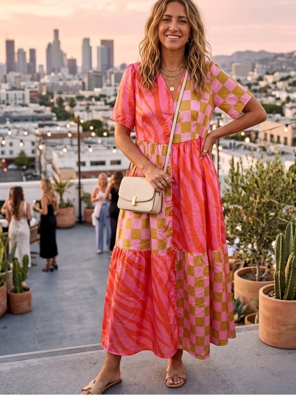 Bright Pink & Gold Patchwork Dress - Emy Ave M/L